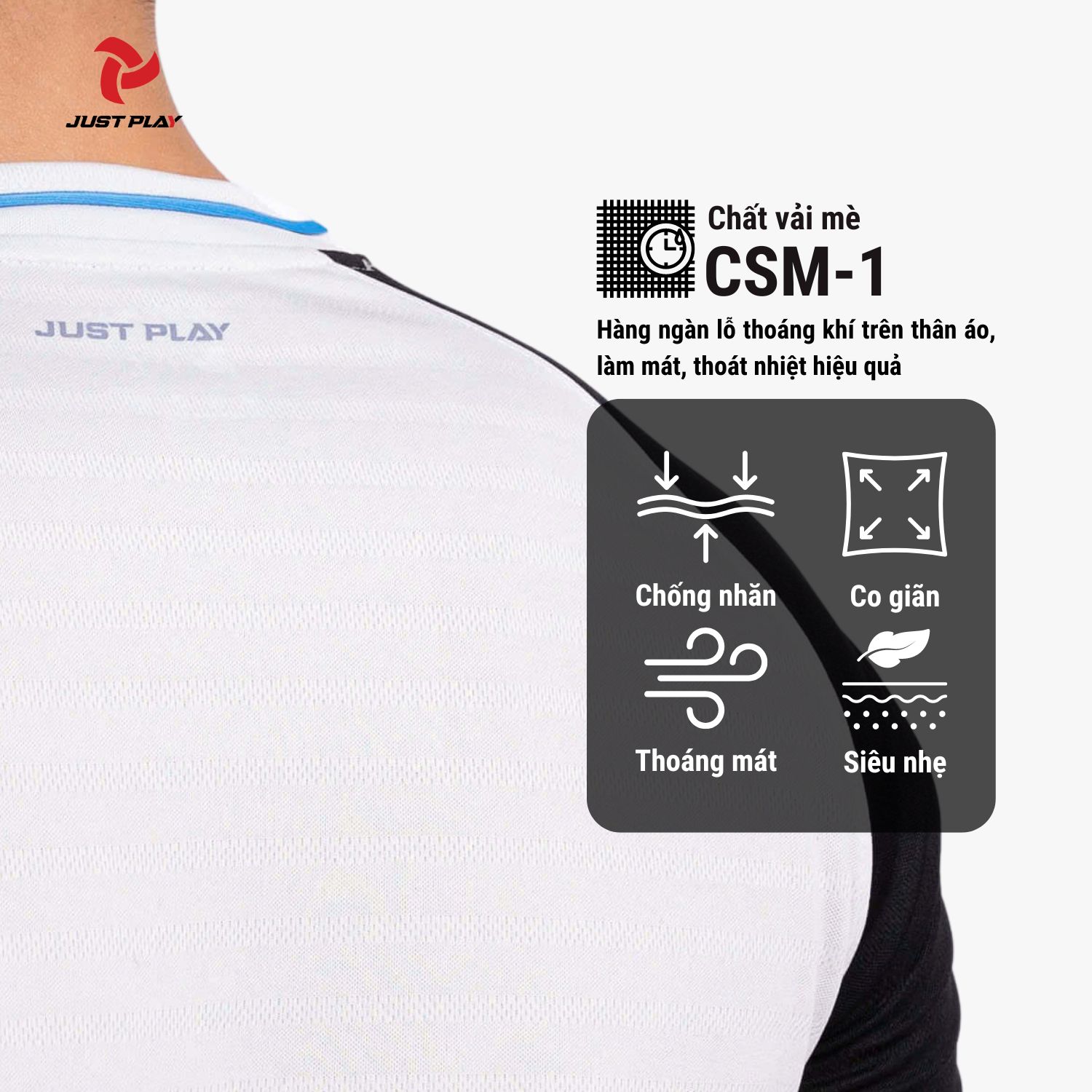 Chất vải CSM-1 thoáng mát Bộ Quần Áo Bóng Đá Just Play PASSAT II – Màu Xám Đen