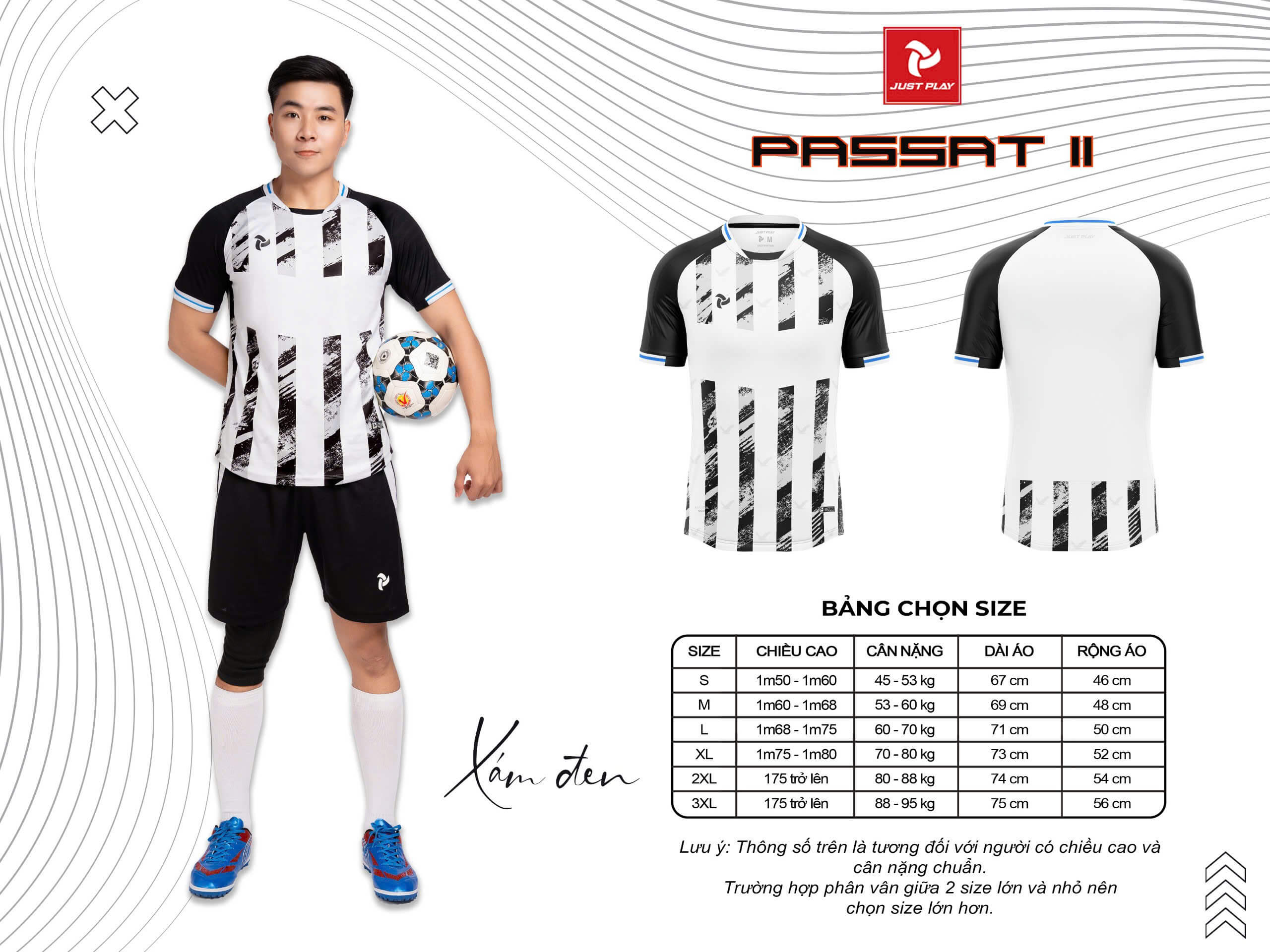 Bảng size Bộ Quần Áo Bóng Đá Just Play JP PASSAT II - Màu Xám Đen